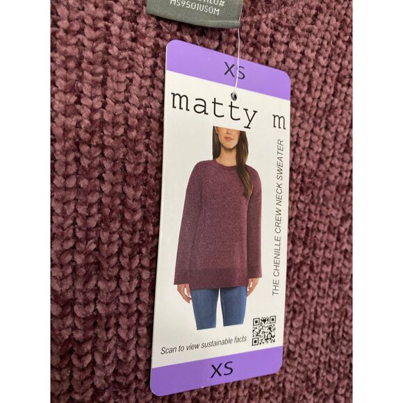 Matty M XS Chenille Crewneck Sweater Women's Recycled Fabric Plum Ribbed Hem - Picture 3 of 11
